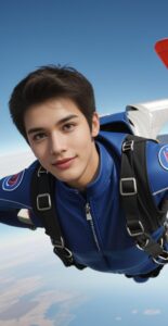 空中でカメラを見つめる青年、パラシュートを背負ったスカイダイビング姿 A young man in skydiving gear looking at the camera mid-air with a parachute on his back