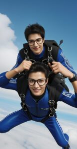 スカイダイビング中の2人の青年が空中で肩を組み、笑顔でカメラに向かう Two young men mid-skydive linking shoulders and smiling at the camera
