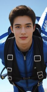 パラシュートの準備を終えた青年が空中で穏やかにカメラを見つめるクローズアップ Close-up of a young man looking calmly at the camera mid-air, fully geared for skydiving