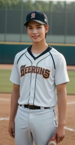 白いユニフォーム姿の青年がグローブを持ってソフトボール場に立つ A young man in a white uniform holding a glove, standing on a softball field