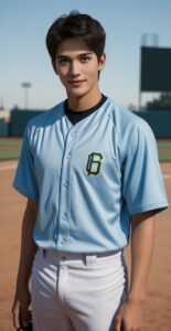 水色のユニフォームを着た青年がベース付近でカメラを見つめる A young man in a light blue uniform looking at the camera near the base