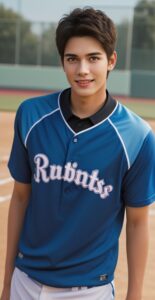 ブルーのソフトボールシャツを着た青年が笑顔でフィールドに立つ A young man in a blue softball shirt smiling on the field