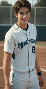 白とネイビーのユニフォームを着た青年がソフトボール場でポーズをとる A young man in a white and navy uniform posing on a softball field