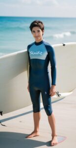 青いウェットスーツを着た青年がサーフボードに寄りかかりながら笑顔を見せる A young man in a blue wetsuit smiling while leaning on a surfboard