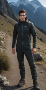 黒とグレーのトレッキングウェアを着た青年が山道を歩きながら微笑む A young man in black and gray trekking wear smiling while walking along a mountain trail