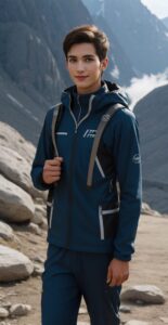 青い防寒ウェアに身を包んだ青年が岩場でリュックを背負って立つ A young man in blue outdoor wear standing with a backpack among rocky mountains