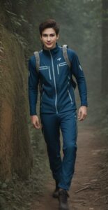森林の小道を進む青いトレッキングウェアの青年、穏やかな表情が印象的 A young man in blue trekking wear walking through a forest path with a calm expression