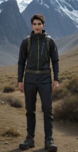 雪山を背景に立つ青年が黒い登山ウェアでリュックを背負ってポーズ A young man posing with a backpack in black hiking wear, with snow-covered mountains behind him