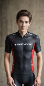 室内でポーズをとる青年、赤いアクセントが入ったトライアスロンウェア姿 A young man posing indoors in triathlon wear with red accents