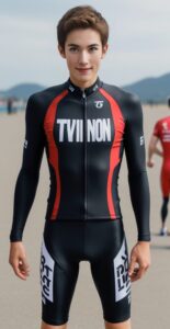 レース準備中の青年が黒地に赤いラインのトライアスロンウェアを着て真っ直ぐ立つ A young man standing upright in black triathlon wear with red lines during race prep