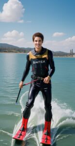 黄黒のベストを着た青年が水しぶきを上げながらスキーを楽しむ A young man in a black and yellow vest enjoying water skiing with a splash