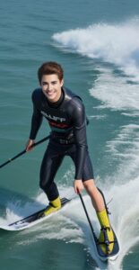 黒と黄色の装備を着た青年がカーブを描いて水面を滑走する A young man in black and yellow gear carving across the water surface on skis