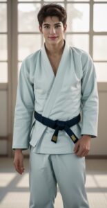 柔らかな光が差し込む室内で、黒帯の柔道着を着た若い男性が微笑んで立っている。/A young man in a judo uniform with a black belt is standing and smiling in a softly lit indoor setting.