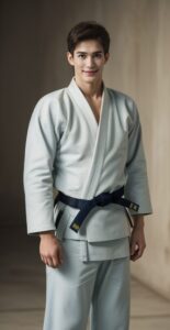 黒帯の柔道着を着た若い男性が、腕を下ろして立ち、穏やかな表情を浮かべている。/A young man wearing a judo uniform with a black belt, standing with arms down and a calm expression.