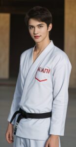 胸に「KARATI」と書かれた空手着を着た若い男性が横向きで微笑んでいる。/A young man in a karate uniform with "KARATI" written on the chest is smiling while facing sideways.