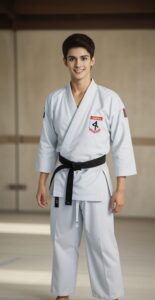道場内で黒帯の空手着を着た若い男性が正面を見つめて立っている。/A young man in a karate uniform with a black belt is standing in a dojo, looking straight ahead.