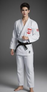 スタジオ背景で黒帯の空手着を着た若い男性が構えのポーズを取っている。/A young man in a karate uniform with a black belt is posing in a fighting stance against a studio background.