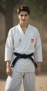 黒帯の空手着を着た若い男性が屋外で穏やかな表情を浮かべて立っている。/A young man wearing a karate uniform with a black belt is standing outdoors with a calm expression.