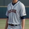 野球帽と「WEST YOKO」ユニフォームを着た若い男性がグラウンドで微笑んで立っている。 / A young man wearing a "WEST YOKO" baseball uniform and cap is standing on the field with a smile.