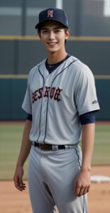野球帽と「WEST YOKO」ユニフォームを着た若い男性がグラウンドで微笑んで立っている。 / A young man wearing a "WEST YOKO" baseball uniform and cap is standing on the field with a smile.