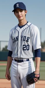「SANYOKU 20」と書かれた野球ユニフォームを着た若い男性がグローブを持って立っている。 / A young man in a "SANYOKU 20" baseball uniform is standing while holding a glove.