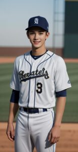 「Beaters 3」のユニフォームを着た若い男性が野球場で笑顔を見せている。 / A young man wearing a "Beaters 3" baseball uniform is smiling at the baseball field.