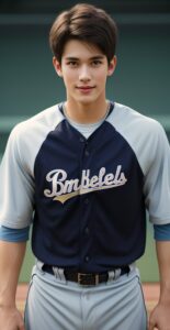 「Bmebels」と書かれたネイビーの野球ユニフォームを着た若い男性が正面を見つめている。 / A young man in a navy baseball uniform labeled "Bmebels" is looking straight ahead.