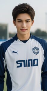 白と青の「SINO」ユニフォームを着た若い男性がサッカー場でカメラを見つめている。 / A young man in a white and blue "SINO" soccer uniform is looking at the camera on the soccer field.