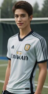 白と黒の「Eniwan」ユニフォームを着た若い男性がサイドから微笑みながら立っている。 / A young man in a white and black "Eniwan" soccer uniform is standing sideways with a smile.