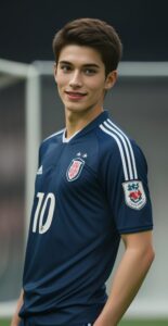 ネイビーの「10」番ユニフォームを着た若い男性がゴール前で笑顔を見せている。 / A young man wearing a navy "number 10" soccer uniform is smiling in front of the goal.