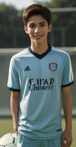 ライトブルーのユニフォームを着た若い男性がサッカーボールを脇に持って立っている。 / A young man in a light blue soccer uniform is standing with a soccer ball at his side.