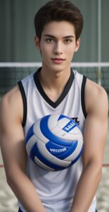 白と黒のユニフォームを着た若い男性がバレーボールを胸に抱えてカメラを見つめている。 / A young man in a white and black volleyball uniform is holding a volleyball to his chest and looking at the camera.