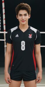黒と赤のユニフォームを着た若い男性が屋内コートでネットの前に立っている。 / A young man in a black and red volleyball uniform is standing in front of the net on an indoor court.