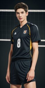 黒と黄色のユニフォームを着た若い男性が屋内バレーコートでまっすぐ立っている。 / A young man in a black and yellow volleyball uniform is standing straight on an indoor volleyball court.