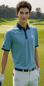 襟付きのブルーのゴルフウェアを着た若い男性が芝生の上でリラックスした表情をしている。 / A young man in a collared blue golf shirt is standing on the grass with a relaxed expression.
