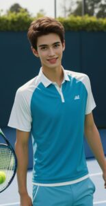 青と白のテニスウェアを着た若い男性がラケットの横に立って明るく微笑んでいる。 / A young man in blue and white tennis wear is smiling brightly while standing next to a racket.