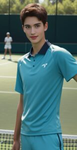 ブルーのテニスウェアを着た若い男性がテニスコートでラケットを持ち、微笑んでいる。 / A young man in blue tennis wear is smiling while holding a racket on the tennis court.