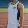 白と青の陸上競技用ウェアを着た若い男性が陸上トラックの上でポーズを取っている。 / A young man in a white and blue track and field outfit is posing on the running track.