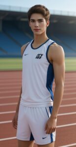 白と青の陸上競技用ウェアを着た若い男性が陸上トラックの上でポーズを取っている。 / A young man in a white and blue track and field outfit is posing on the running track.