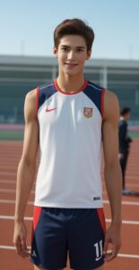 赤と白のノースリーブ陸上ユニフォームを着た若い男性が笑顔で陸上トラックに立っている。 / A young man in a red and white sleeveless track uniform is smiling while standing on the running track.