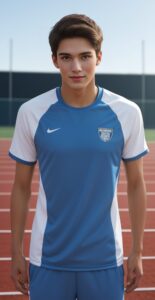 青と白の半袖陸上ウェアを着た若い男性が正面を見つめて立っている。 / A young man in a blue and white short-sleeved track uniform is standing and looking straight ahead.
