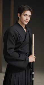 黒い剣道着を着た若い男性が竹刀を持ち、道場内でこちらを見つめている。 / A young man in a black kendo uniform is holding a bamboo sword and looking at the camera inside a dojo.