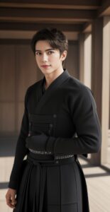 道場で黒い剣道着を着た若い男性が腕を組み、真剣な表情を見せている。 / A young man in a black kendo uniform is crossing his arms and showing a serious expression in a dojo.