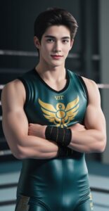 グリーンのレスリングウェアを着た若い男性が腕を組んでリングの中に立っている。 / A young man in a green wrestling uniform is standing in the ring with his arms crossed.