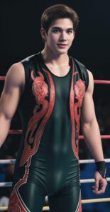 黒地に赤い龍の模様が入ったレスリングウェアを着た若い男性がリング内でポーズを取っている。 / A young man in a black wrestling outfit with red dragon patterns is striking a pose inside the ring.