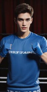 青いボクシングウェアを着た若い男性が両拳を突き出すようにして前を見ている。 / A young man wearing blue boxing gear is facing forward with his fists raised.