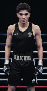 黒の「BAXUNG」ロゴ入りボクシングウェアを着た若い男性がリングの中で構えている。 / A young man in black boxing gear with the "BAXUNG" logo is standing in a ready position in the ring.