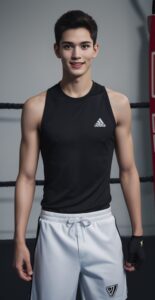 黒のノースリーブシャツと白いボクシングパンツを着た若い男性がリングで微笑んでいる。 / A young man wearing a black sleeveless shirt and white boxing shorts is smiling in the ring.