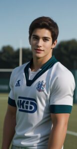 白とグリーンのラグビージャージを着た若い男性がラグビーゴールの前でカメラを見つめている。 / A young man in a white and green rugby jersey is looking at the camera in front of the rugby goal.