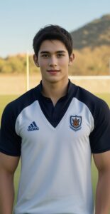 白と黒のラグビーユニフォームを着た若い男性が山を背景に立っている。 / A young man in a white and black rugby uniform is standing with a mountain in the background.